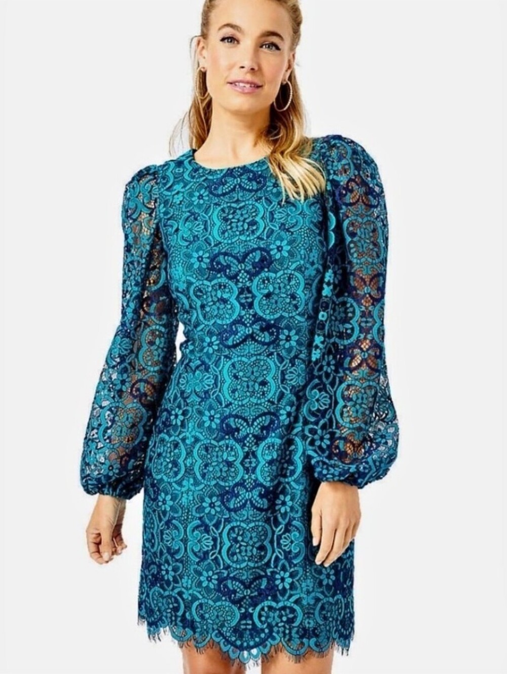 Lilly Pulitzer Georgi Teal Lace Long-Sleeve Shift Dress 10